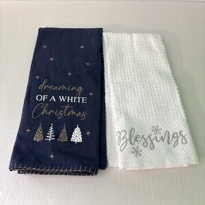 Christmas Holiday Dish Towels Bundle Set of 2 NEW Blue White Silver Gold